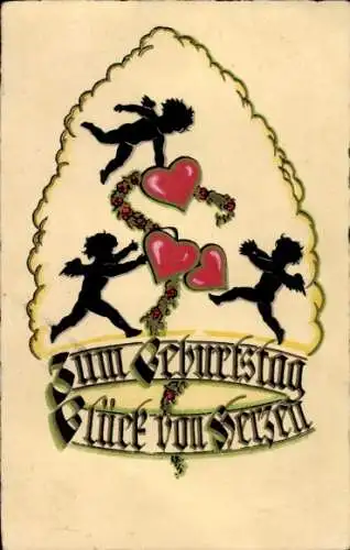 Scherenschnitt Ak Glückwunsch Geburtstag, Engel, Herzen