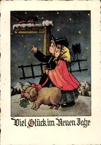 Ak Glückwunsch Neujahr, Schornsteinfeger, Mädchen, Schwein, Glücksklee