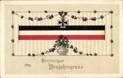Ak Glückwunsch Neujahr, Eisernes Kreuz, Fahne, Blume