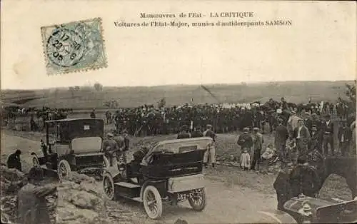 CPA Manoeuvres de l'Est, La Critique, Voitures de l'Etat-Major, munies d'antiderapants Samson