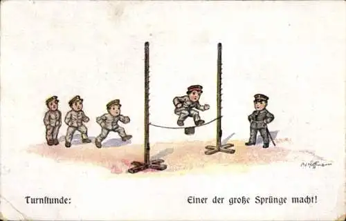 Künstler Ak Hoffmann, Ad., Turnstunde, Einer der große Sprünge macht