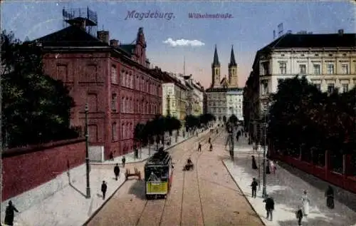 Ak Magdeburg in Sachsen Anhalt, Partie in der Wilhelmstraße, Straßenbahn