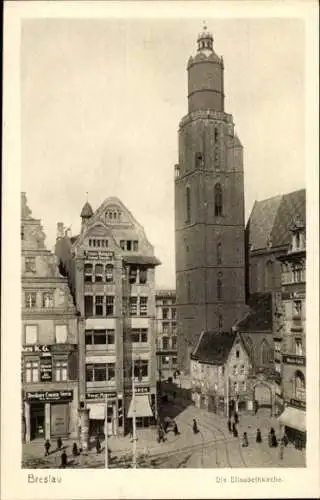 Ak Wrocław Breslau Schlesien, Elisabethkirche, Geschäfte