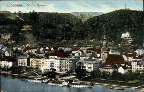 Ak Bad Schandau Sächsische Schweiz, Schöne Landschaft, Stadtansicht, Kirche, Schiffe, Berge