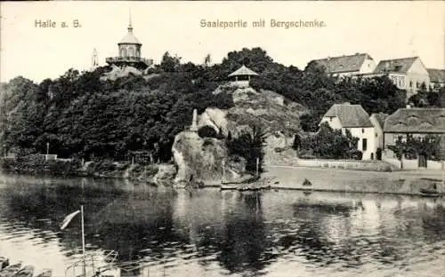 Ak Halle an der Saale, Bergschenke, Saale, Berg, Bäume, Wasser