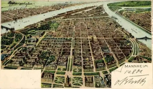 Ak Mannheim in Baden, Luftaufnahme von  Neckarfluss, Stadtstruktur, Wohngebäude, Parks