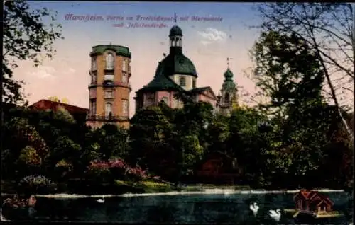 Ak Mannheim in Baden,  Friedrichspark, Sternwarte, Jefuitenkirche, Enten, Teich