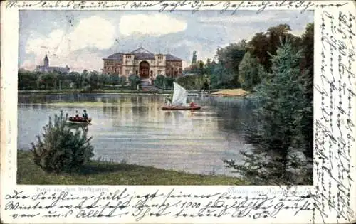 Ak Semur en Auxois Côte-d’Or, Friedliche Landschaft mit Stadtgarten, Boot und Segelboot, Frühling