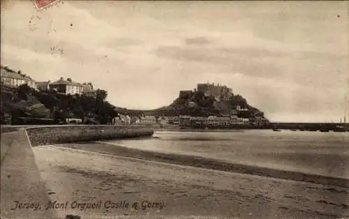 Ak Gorey Kanalinsel Jersey , Mont Orgueil Castle, Strand, Küstenansicht.