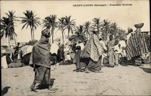 Ak Saint Louis Senegal, Frauen der Wolof, Palmfruechte, Strand, traditionelle Kleidung
