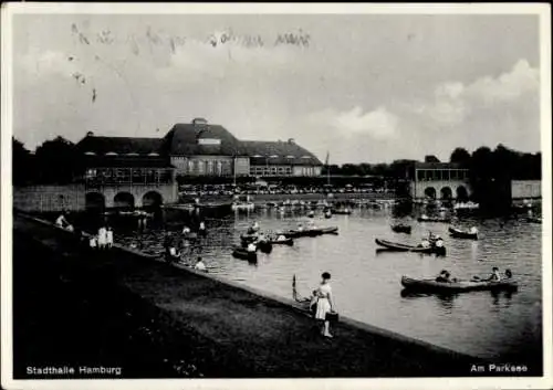 Ak Hamburg Mitte Altstadt, Stadthalle  Am Parksee, Boote auf dem Wasser, Menschen am Ufer