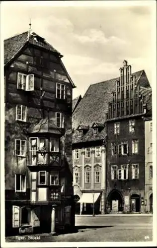 Ak Eger Region Karlsbad, Stöckl, Straßenpartie, Haus mit Erker
