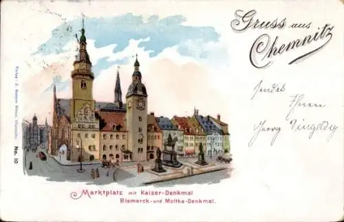 Litho Chemnitz in Sachsen, Marktplatz, Kaiser-Denkmal, Bismarck-Denkmal, Moltke-Denkmal