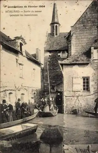 Ak Ile de Béhuard Maine-et-Loire, Inondations de Février 1904, Messe, Hochwasser, Menschen, Boote