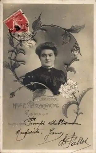 Ak Nanterre Hauts de Seine, foto einer Frau, Blumenrahmen, Text 1910