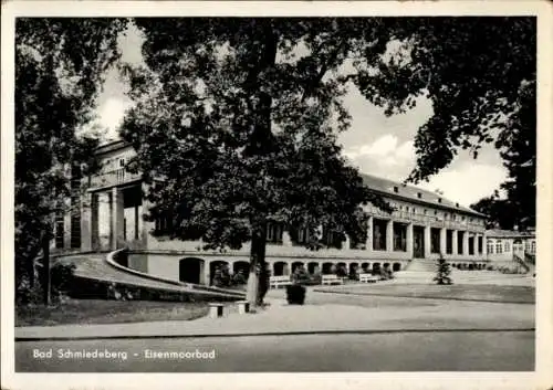 Ak Bad Schmiedeberg in der Dübener Heide, Eisenmoorbad Gebäude, Bäume im Vordergrund, nansicht