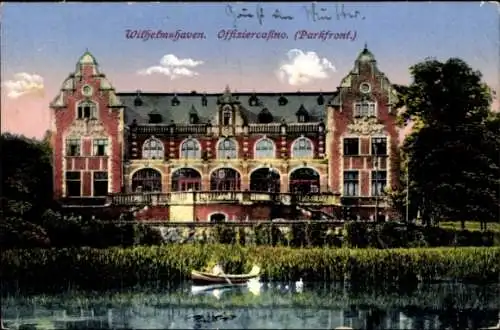 Ak Wilhelmshaven an der Nordsee, Offiziercafino, Parkfront, alter r Bau, Boot im Wasser