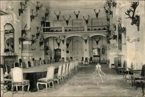 Ak Moritzburg in Sachsen, Kgl. Jagdschloss  Speisesaal, große Tafel, Jagdtrophäen