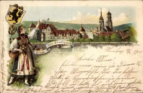 Litho Stuttgart in Württemberg, Stadtansicht, Frau in Tracht, Wappen