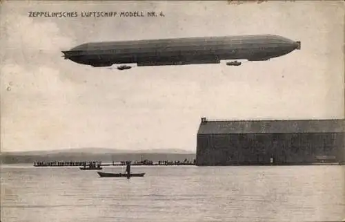 Ak Zeppelin'sches Luftschiff Modell Nr. 4, über dem Bodensee, schwimmende Luftschiffhalle