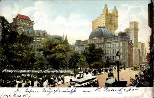 Ak New York City USA, Broadway, City Hall Park, Post Office, Gebäude