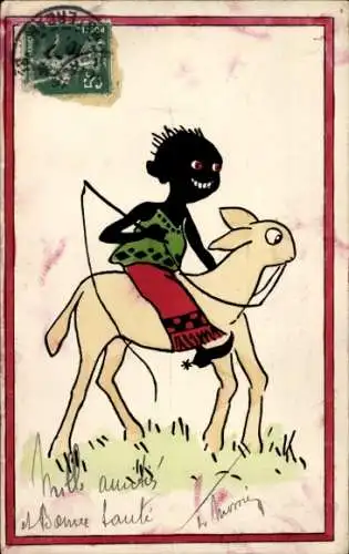 Künstler Ak Afrikanischer Junge reitet auf dem Pferd