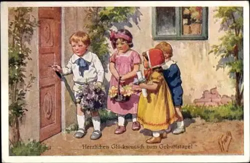 Künstler Ak Feiertag, K., Glückwunsch Geburtstag, Gratulanten, Blumenstrauß