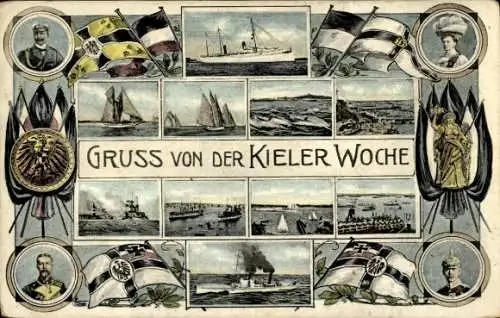 Ak Kieler Woche, Schiffe, Flaggen, Kaiser Wilhelm II, Prinz Heinrich v. Preußen, Kaiserin, Kronprinz