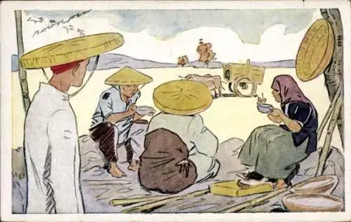 Künstler Ak Vietnam, Le riz d'Indo Chine, repas des Moissonneurs