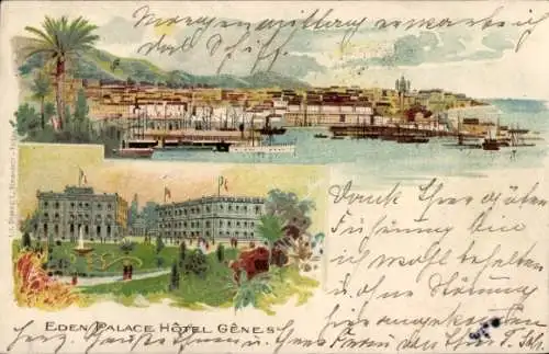 Ak Genova Genua Liguria, EDEN PALACE HOTEL GENES, Hafenansicht, Palmen, luxuriöse Gebäude