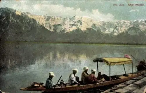 Ak Srinagar Kashmir Indien, Dal Lake, Kashmere, Berglandschaft, Boot mit Passagieren, ruhige W...