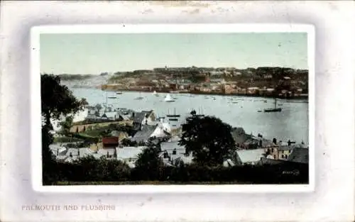 Ak Falmouth Cornwall England, Aussicht auf Fluss, Hafen, Schiffe, Häuser, Landschaft