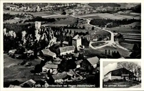 Ak Weißenstein Regen im Bayerischen Wald, Fliegeraufnahme, Burg zur schönen Aussicht