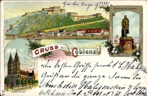 Litho Koblenz am Rhein, Panorama, Goeben-Denkmal, Castor-Kirche