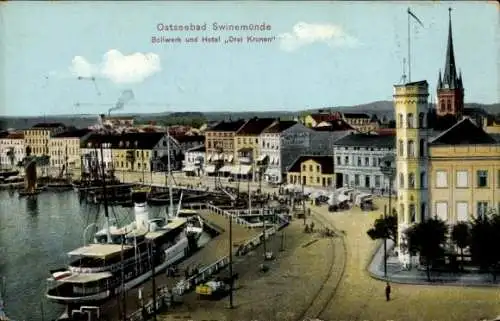 Ak Świnoujście Swinemünde Pommern, Bollwerk, Hotel Drei Kronen, Dampfer