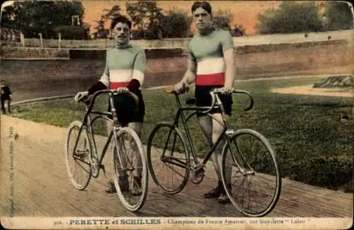 Ak Radrennsport, Radrennfahrer Perette und Schilles, Französische Amateur-Meister, Fahrrad Labor