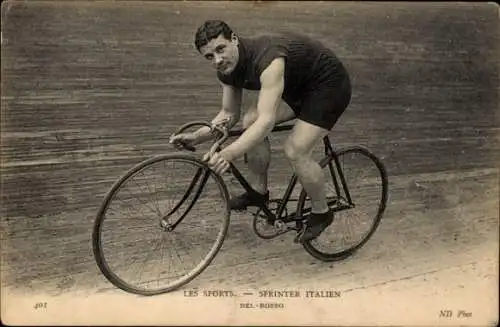 Ak Radrennsport, Radrennfahrer Del Rosso, italienischer Sprinter, Radrennbahn