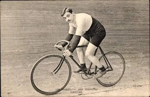 Ak Radrennsport, Radrennfahrer Gaudel, Sprinter, Radrennbahn