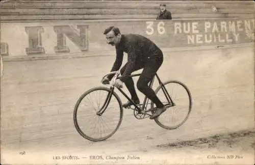 Ak Radrennsport, Radrennfahrer Eros, italienischer Meister, Radrennbahn