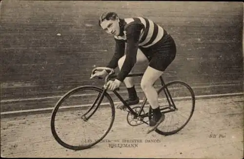 Ak Radrennsport, Radrennfahrer Hellemann, dänischer Sprinter, Radrennbahn