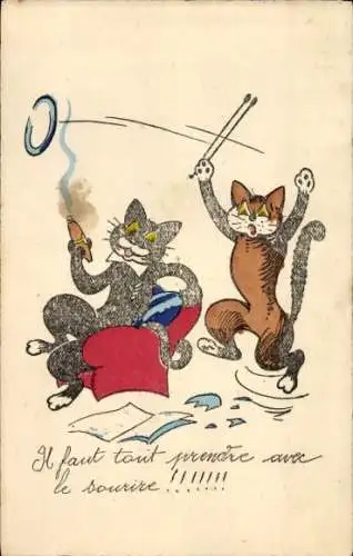 Künstler Ak Vermenschlichte Katzen, Zigarre