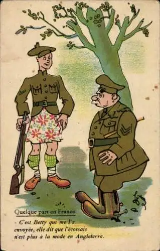 Künstler Ak Gespräch zweier Soldaten, Mann ohne Hose, Gewehr