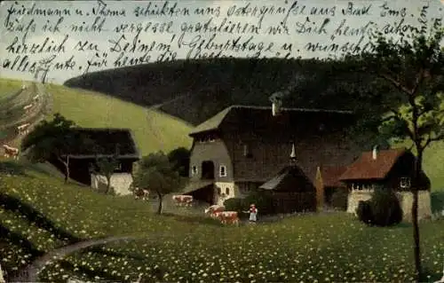Ak Rastatt im Schwarzwald, Bauernhaus, Wiese, Kühe
