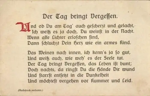 Ak Gedicht, Der Tag bringt Vergessen, Und ob Du am Tag auch gescherzt und gelacht...