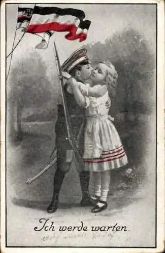 Ak Linz an der Donau Oberösterreich, Soldat in Uniform küsst ein Mädchen in Tracht.