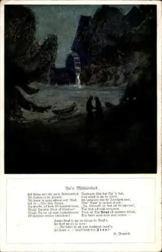 Künstler Ak Gedicht An`n Möhlendiek, Wassermühle