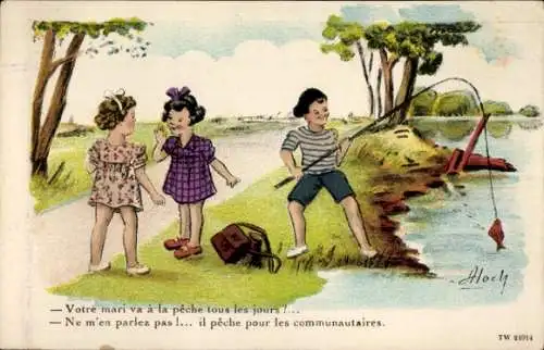 Künstler Ak Hoch, Junge beim Angeln, Zwei Mädchen im Gespräch