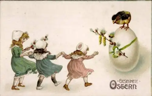 Ak Glückwunsch Ostern, Kinder, Osterei, Küken, Weidenkätzchen