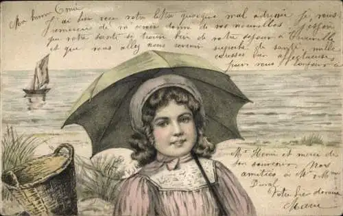 Ak Cannes Alpes Maritimes, Mädchen mit Regenschirm am Strandkorb, Schiff auf dem Meer, Text in...