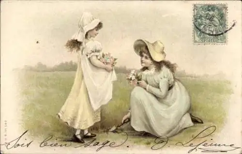 Litho Zwei Mädchen, Blumen